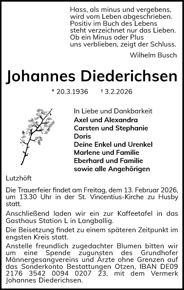  Traueranzeige für Johannes Diederichsen vom 07.02.2026 aus Flensburger Tageblatt
