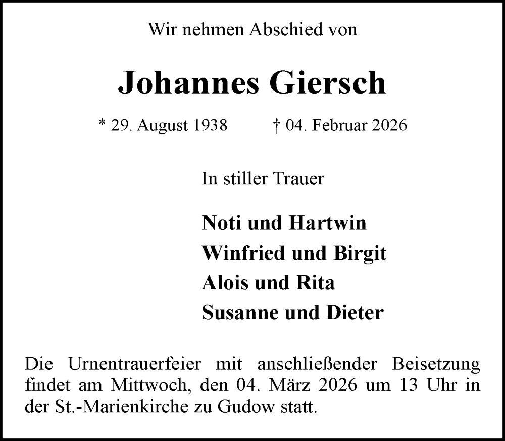  Traueranzeige für Johannes Giersch vom 21.02.2026 aus MARKT Ratzeburg/Mölln