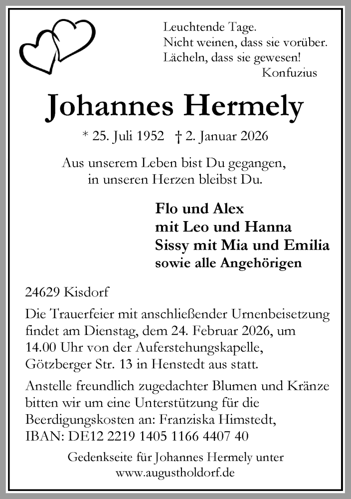  Traueranzeige für Johannes Hermely vom 14.02.2026 aus Umschau