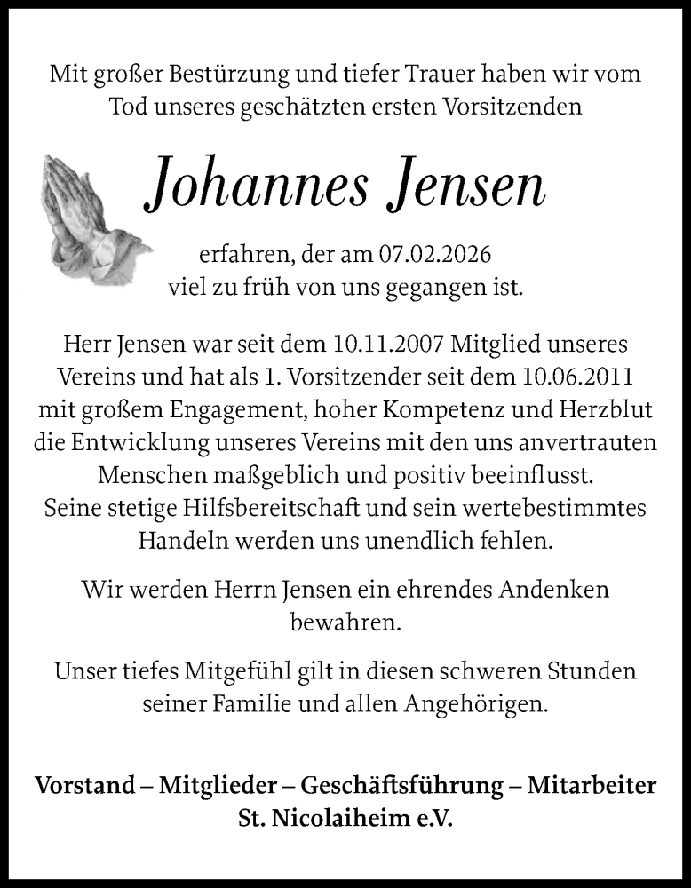  Traueranzeige für Johannes Jensen vom 19.02.2026 aus Schleswiger Nachrichten, Schlei-Bote