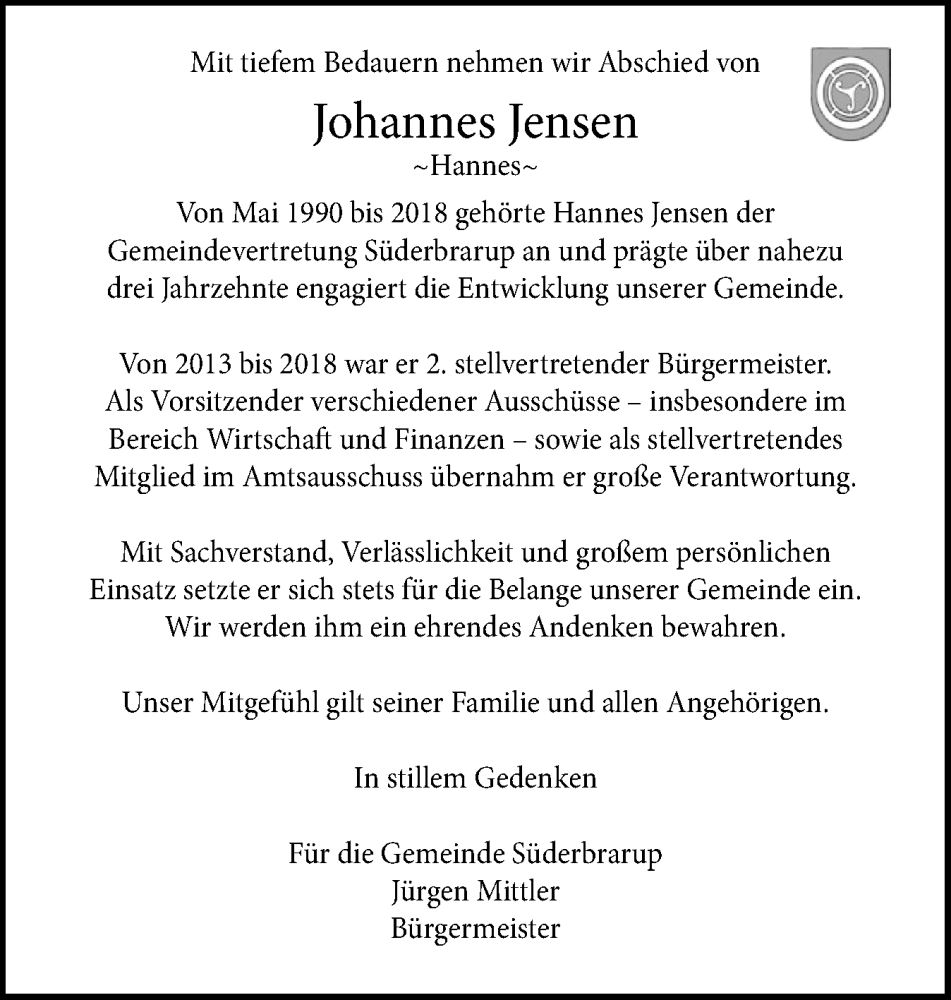  Traueranzeige für Johannes Jensen vom 19.02.2026 aus Flensburger Tageblatt, Schleswiger Nachrichten, Schlei-Bote