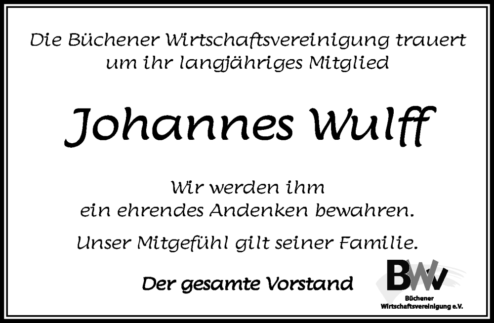  Traueranzeige für Johannes Wulff vom 14.02.2026 aus Wochenend Anzeiger
