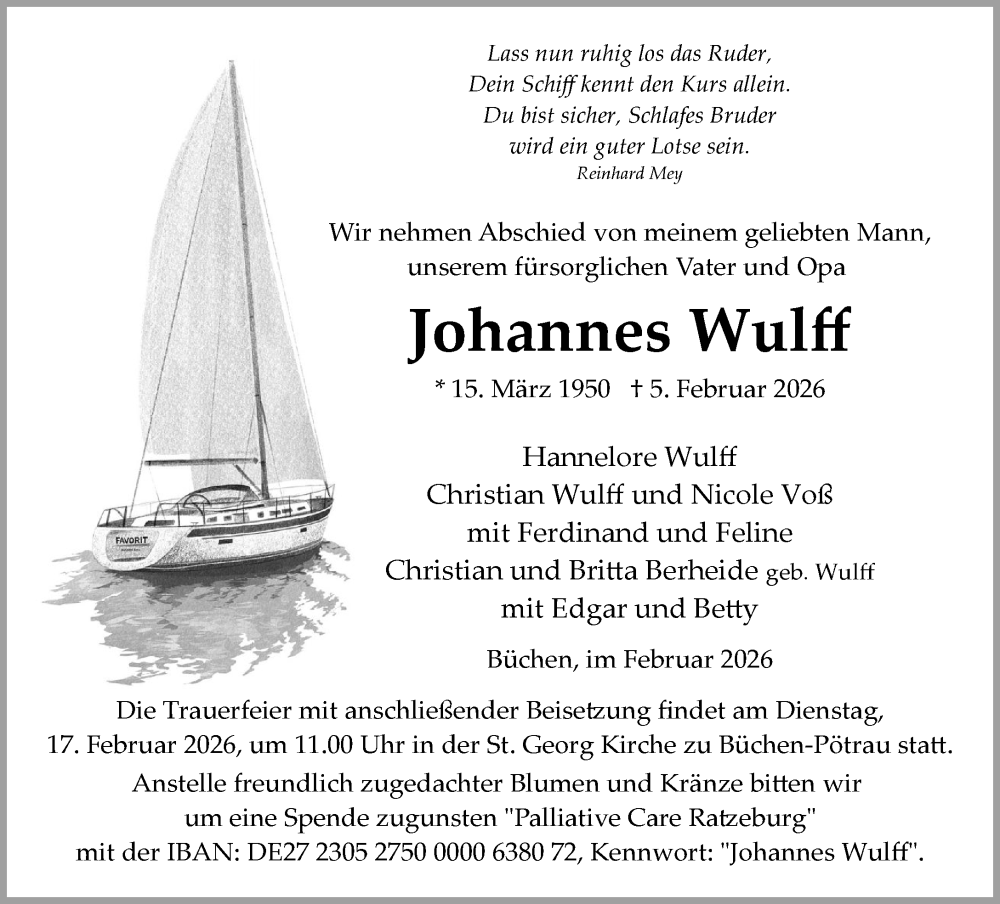  Traueranzeige für Johannes Wulff vom 14.02.2026 aus Wochenend Anzeiger