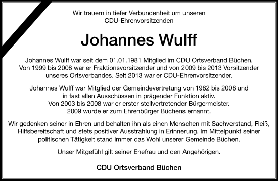 Traueranzeige von Johannes Wulff von Wochenend Anzeiger