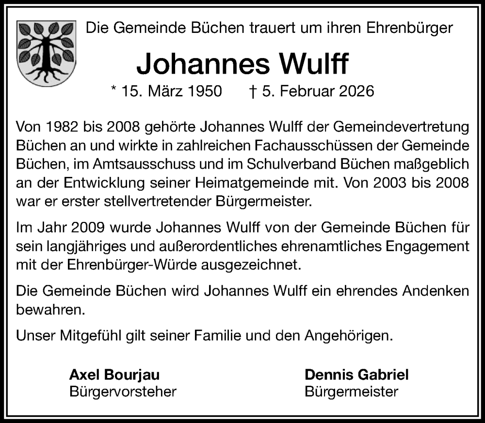  Traueranzeige für Johannes Wulff vom 14.02.2026 aus Wochenend Anzeiger
