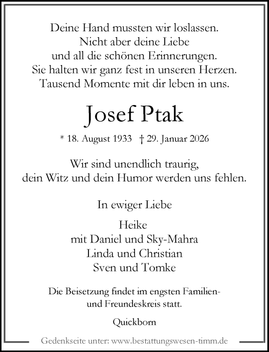 Traueranzeige von Josef Ptak von Umschau