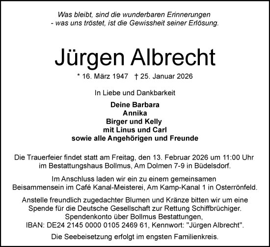 Traueranzeige von Jürgen Albrecht von Schleswig-Holsteinische Landeszeitung