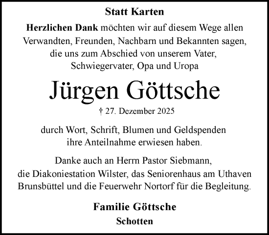 Traueranzeige von Jürgen Göttsche von Norddeutsche Rundschau, Wilstersche Zeitung, Glückstädter Fortuna