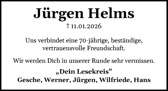 Traueranzeige von Jürgen Helms von MARKT Bad Oldesloe/Reinfeld und Stormarner Tageblatt