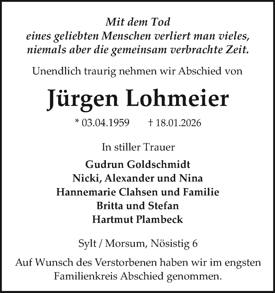  Traueranzeige für Jürgen Lohmeier vom 07.02.2026 aus Sylter Rundschau