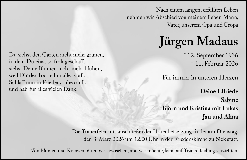  Traueranzeige für Jürgen Madaus vom 21.02.2026 aus MARKT Ahrensburg/Bargteheide/Trittau und Stormarner Tageblatt