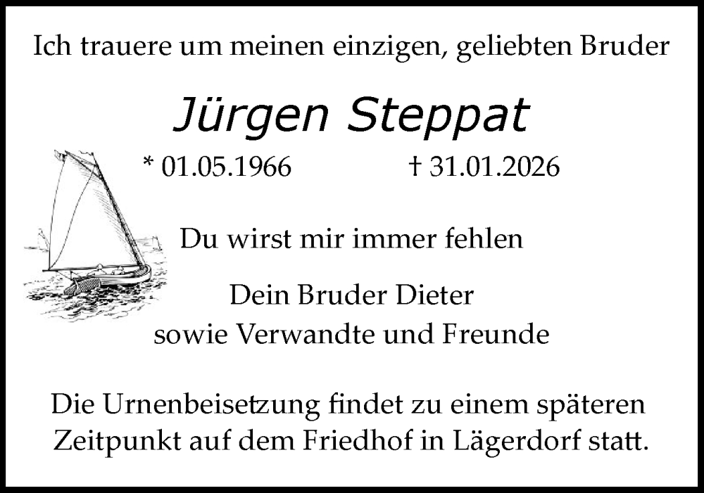  Traueranzeige für Jürgen Steppat vom 21.02.2026 aus Flensburger Tageblatt