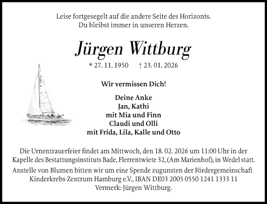 Traueranzeige von Jürgen Wittburg von Wedel-Schulauer Tageblatt, tip Wedel-Schulauer Tageblatt, tip Rissener Rundschau