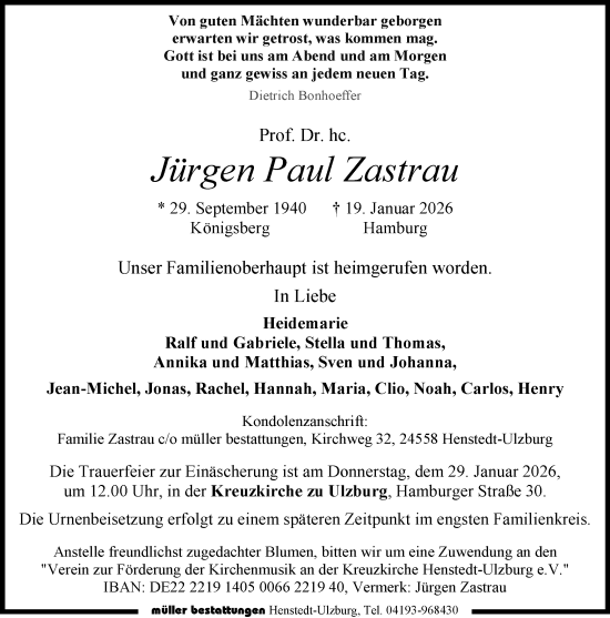 Traueranzeige von Jürgen Paul Zastrau von Umschau