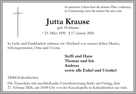 Traueranzeige von Jutta Krause von Umschau