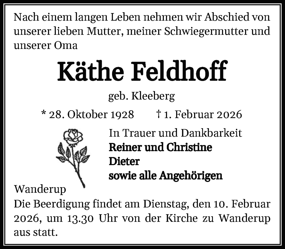  Traueranzeige für Käthe Feldhoff vom 04.02.2026 aus Flensburger Tageblatt