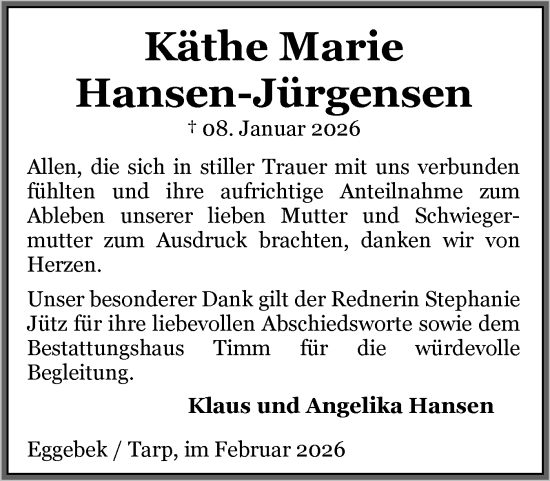 Traueranzeige von Käthe Marie Hansen-Jürgensen von Flensburger Tageblatt