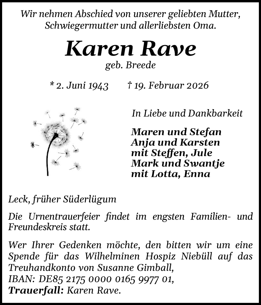  Traueranzeige für Karen Rave vom 26.02.2026 aus Husumer Nachrichten, Nordfriesland Tageblatt