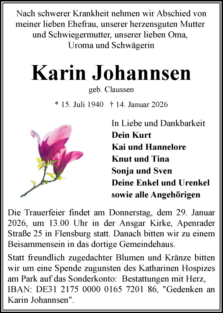  Traueranzeige für Karin Johannsen vom 24.01.2026 aus Flensburger Tageblatt