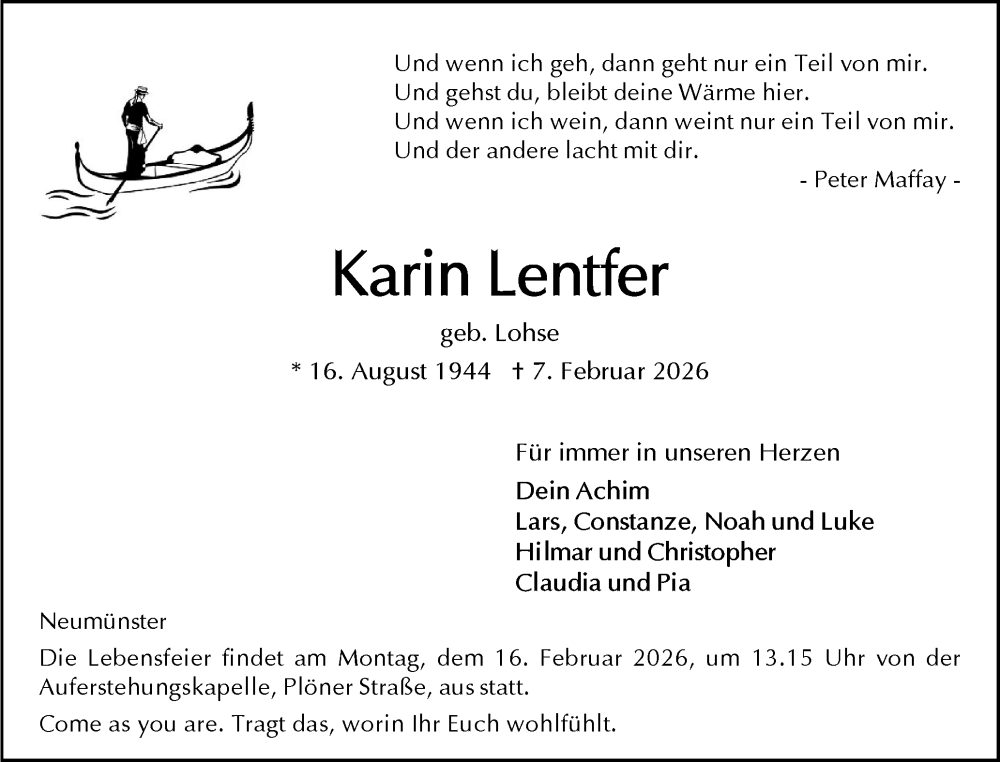  Traueranzeige für Karin Lentfer vom 11.02.2026 aus Holsteinischer Courier
