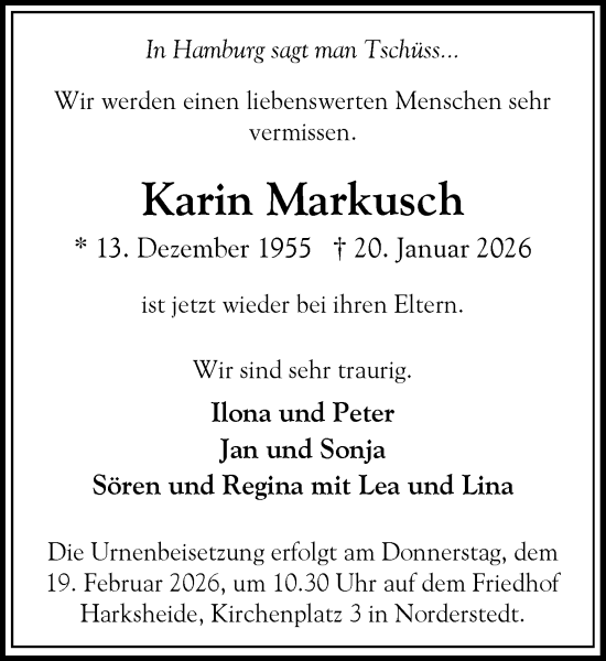 Traueranzeige von Karin Markusch von Heimatspiegel