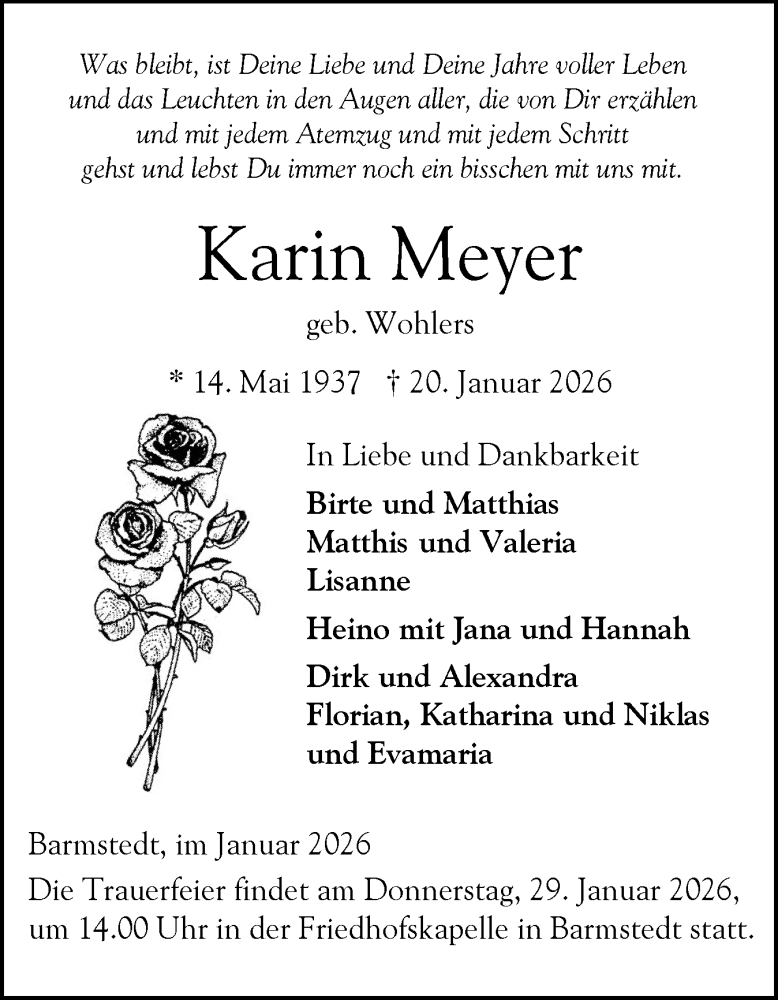  Traueranzeige für Karin Meyer vom 24.01.2026 aus Elmshorner Nachrichten, Barmstedter Zeitung