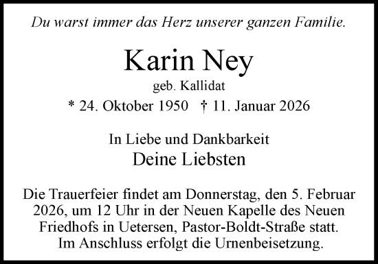 Traueranzeige von Karin Ney von Uetersener Nachrichten, Der tip am Wochenende