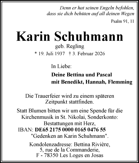 Traueranzeige von Karin Schuhmann von Flensburger Tageblatt, Schleswiger Nachrichten, Schlei-Bote