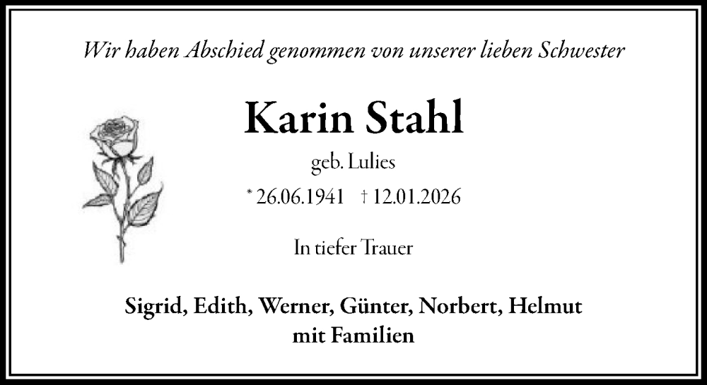  Traueranzeige für Karin Stahl vom 14.02.2026 aus MARKT Bad Oldesloe/Reinfeld und Stormarner Tageblatt