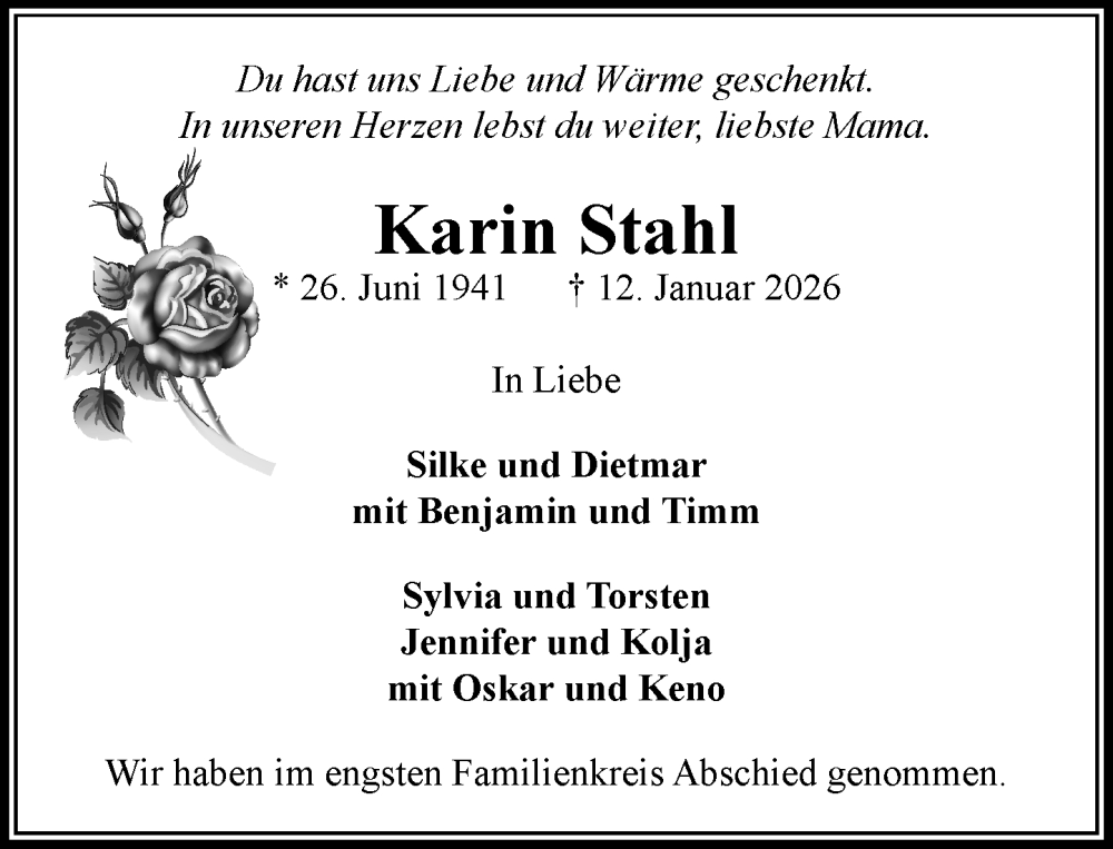  Traueranzeige für Karin Stahl vom 14.02.2026 aus MARKT Bad Oldesloe/Reinfeld und Stormarner Tageblatt
