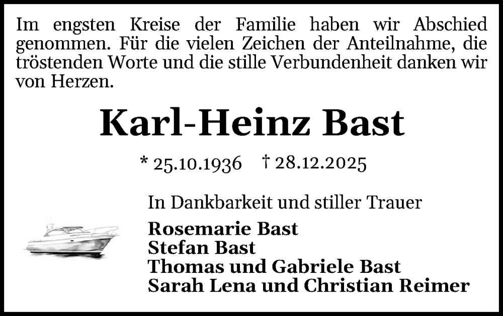  Traueranzeige für Karl-Heinz Bast vom 27.02.2026 aus Schleswiger Nachrichten, Schlei-Bote