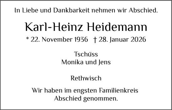 Traueranzeige von Karl-Heinz Heidemann von Norddeutsche Rundschau, Wilstersche Zeitung, Glückstädter Fortuna
