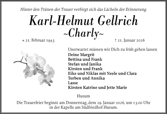Traueranzeige von Karl-Helmut Gellrich von Husumer Nachrichten, Nordfriesland Tageblatt