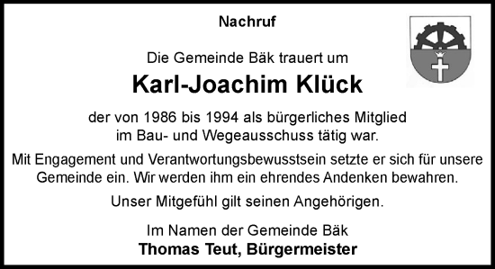 Traueranzeige von Karl-Joachim Klück von MARKT Ratzeburg/Mölln