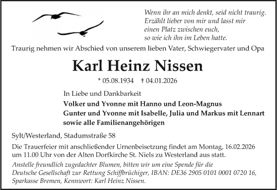 Traueranzeige von Karl Heinz Nissen von Sylter Rundschau