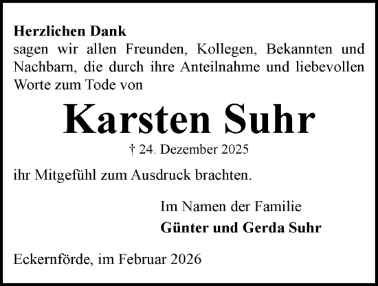 Traueranzeige von Karsten Suhr von Eckernförder Zeitung, Hallo Eckernförde