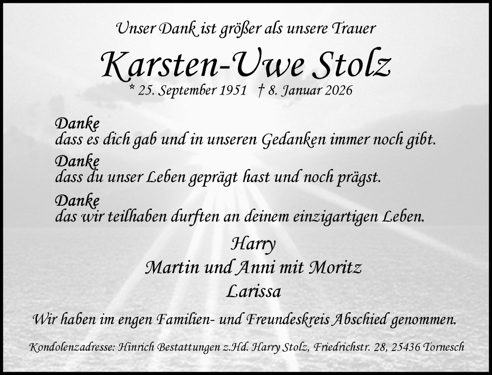  Traueranzeige für Karsten-Uwe Stolz vom 07.02.2026 aus Region Pinneberg und tip Pinneberg