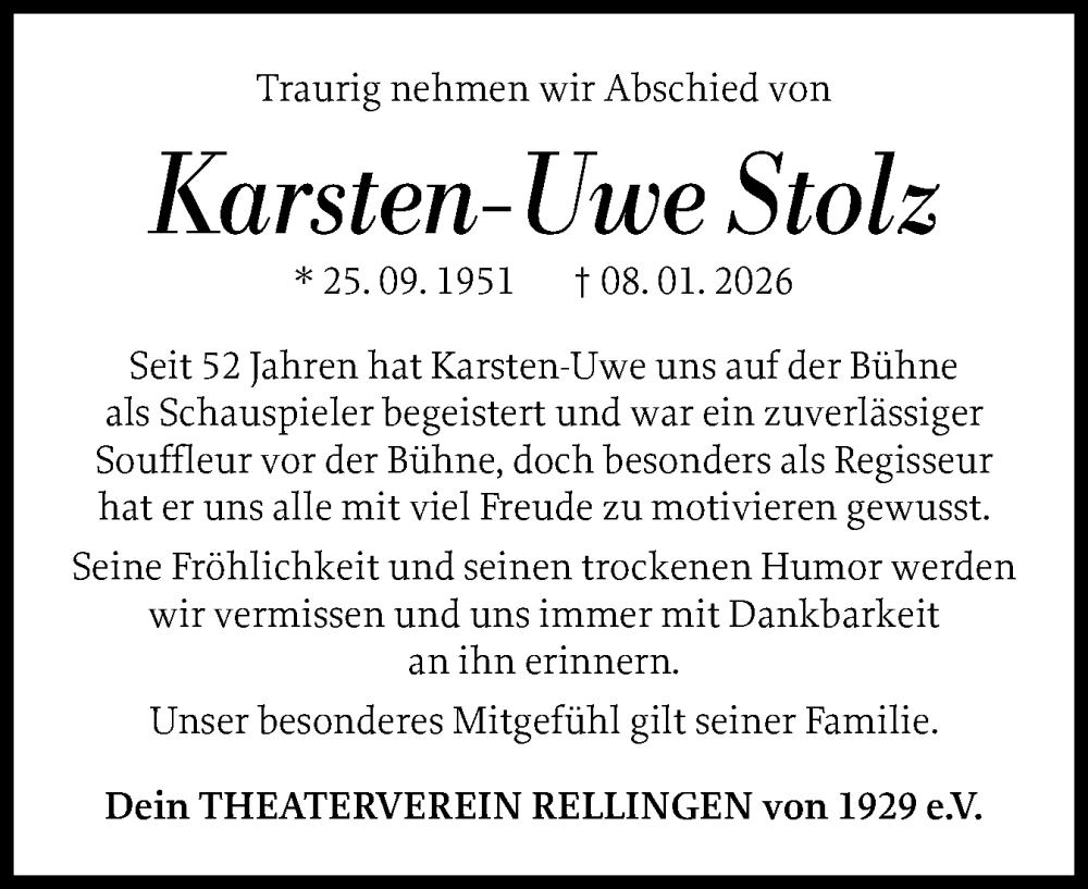  Traueranzeige für Karsten-Uwe Stolz vom 07.02.2026 aus Region Pinneberg und tip Pinneberg