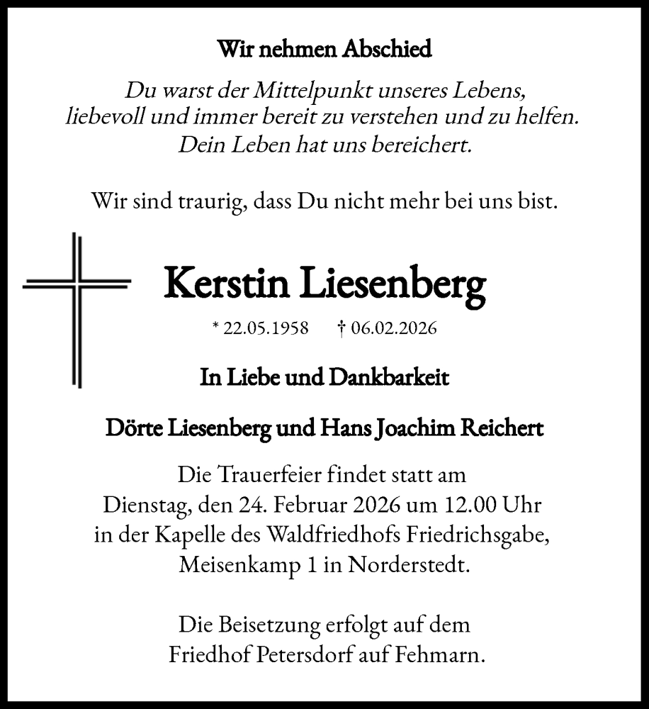  Traueranzeige für Kerstin Liesenberg vom 21.02.2026 aus Heimatspiegel