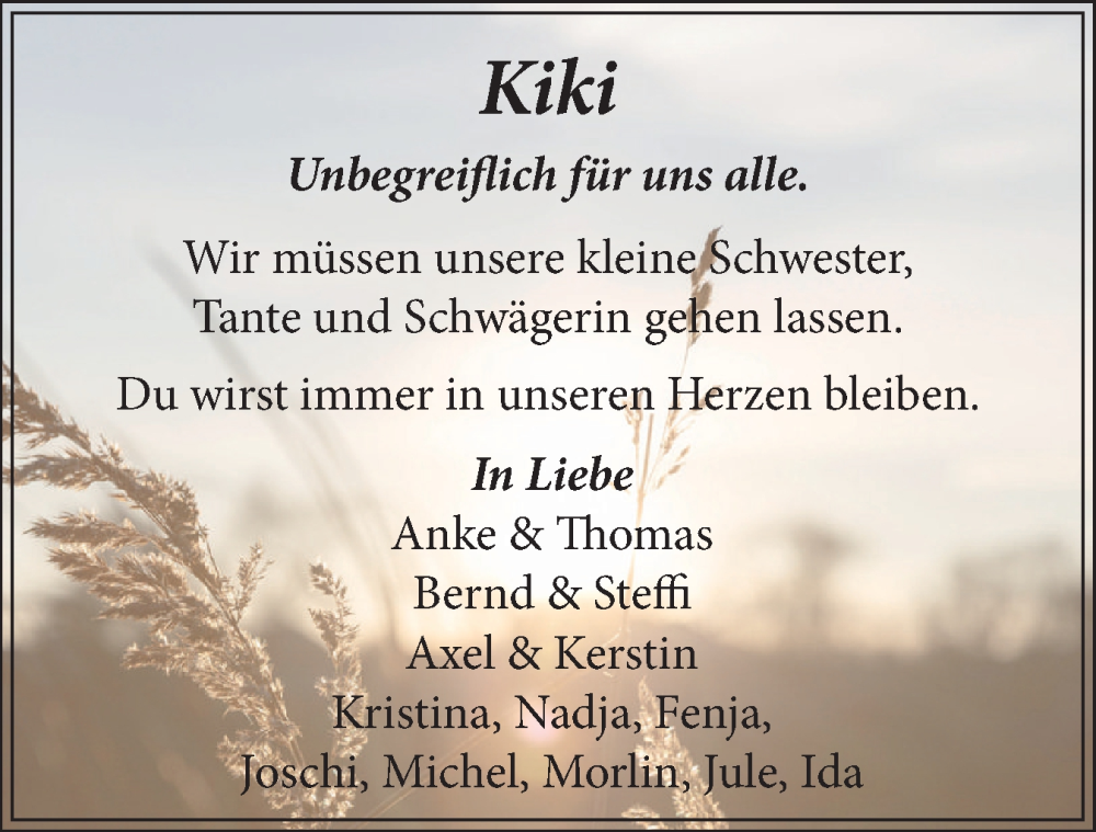  Traueranzeige für Kiki  vom 24.01.2026 aus Flensburger Tageblatt, Schleswiger Nachrichten, Schlei-Bote