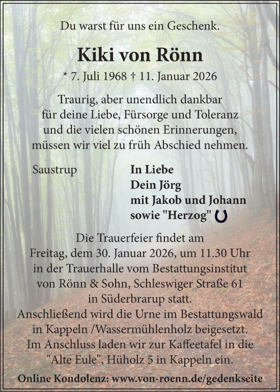 Traueranzeige von Kiki von Rönn von Flensburger Tageblatt, Schleswiger Nachrichten, Schlei-Bote