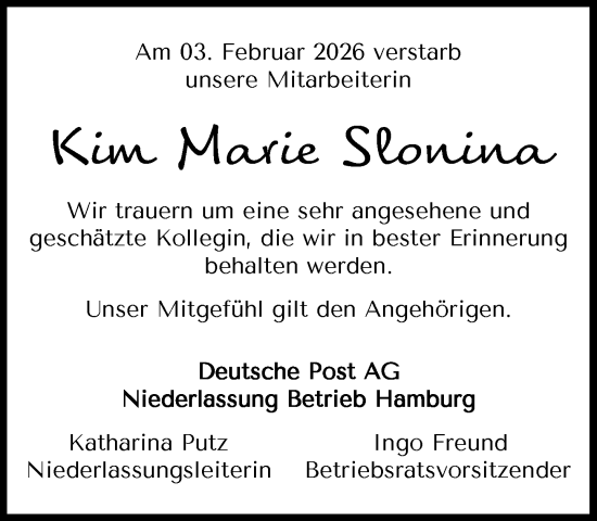 Traueranzeige von Kim Marie Slonina von Wochenend Anzeiger