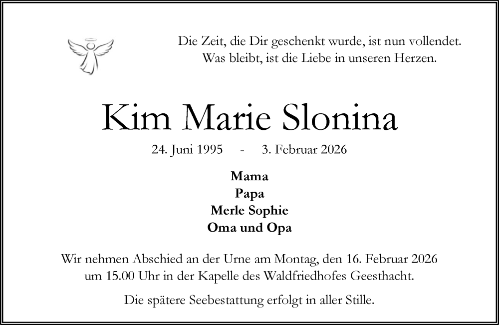  Traueranzeige für Kim Marie Slonina vom 14.02.2026 aus Wochenend Anzeiger