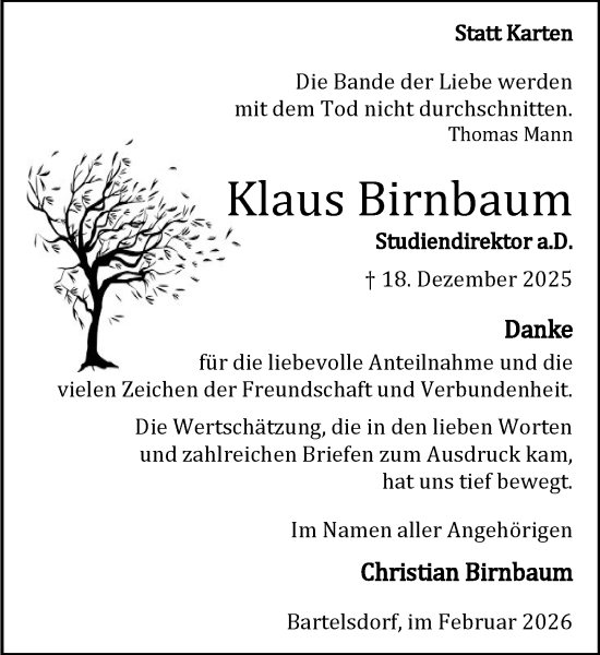 Traueranzeige von Klaus Birnbaum von MARKT Ahrensburg/Bargteheide/Trittau und Stormarner Tageblatt