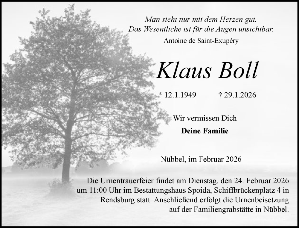  Traueranzeige für Klaus Boll vom 14.02.2026 aus Schleswig-Holsteinische Landeszeitung