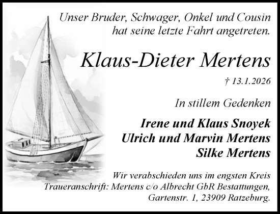 Traueranzeige von Klaus-Dieter Mertens von MARKT Ratzeburg/Mölln