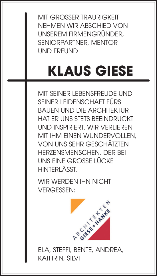 Traueranzeige von Klaus Giese 