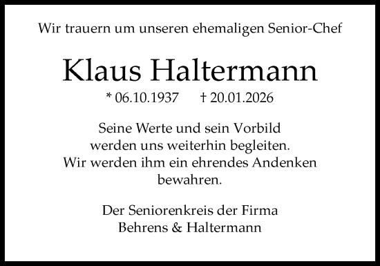 Traueranzeige von Klaus Haltermann von Norddeutsche Rundschau, Wilstersche Zeitung, Glückstädter Fortuna