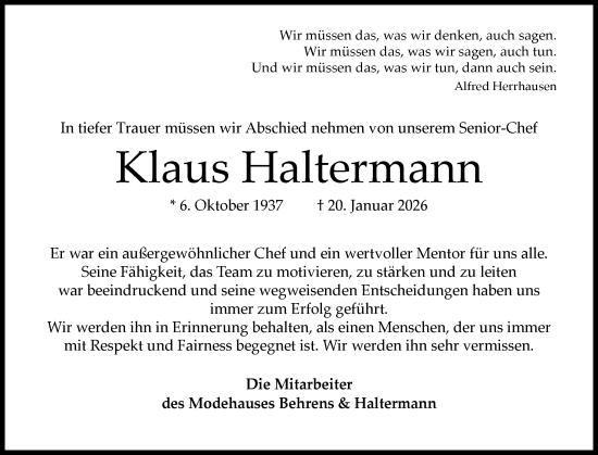 Traueranzeige von Klaus Haltermann von Norddeutsche Rundschau, Wilstersche Zeitung, Glückstädter Fortuna