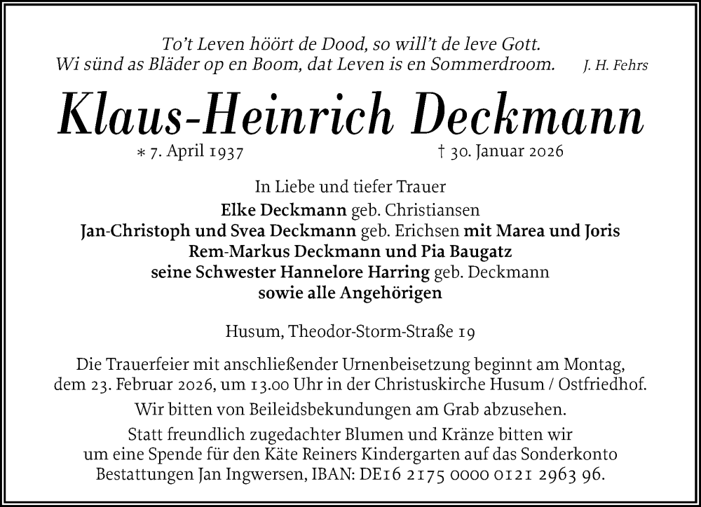  Traueranzeige für Klaus-Heinrich Deckmann vom 07.02.2026 aus Husumer Nachrichten, Nordfriesland Tageblatt
